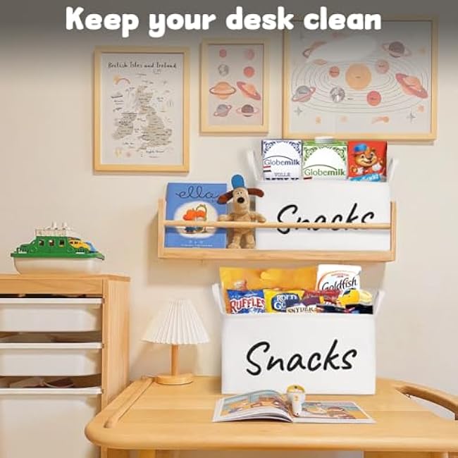 Snack Organizer Basket for Home Office: Snack Bin for Pantry (2 White Baskets)
