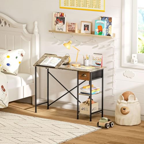 X-cosrack Art Desk for Kids, 45°Tiltable Drafting Table with Storage Drawer & Shelves, 25.98" H Student Writing Reading Table for Bedroom & Study Room, Small Desk for Children
