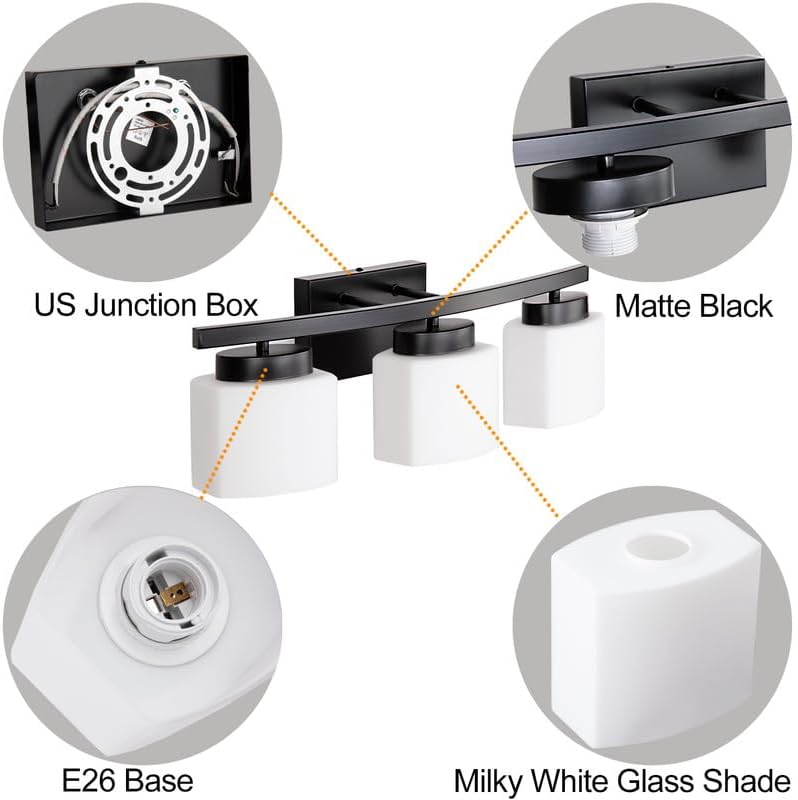 3-light bathroom vanity light fixture over mirror, modern matte black vanity lights with milky glass shade, 23 inches vanity lighting fixtures for bathroom lighting matte black 3-light