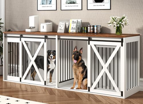 Nordee Axio 94.5 XXXL Dog Crate Furniture for 2 Large Dogs Double Dog Cage Extra Large Breed 35.4 Tall Thick Wooden Dog Kennel TV Stand with Divider White