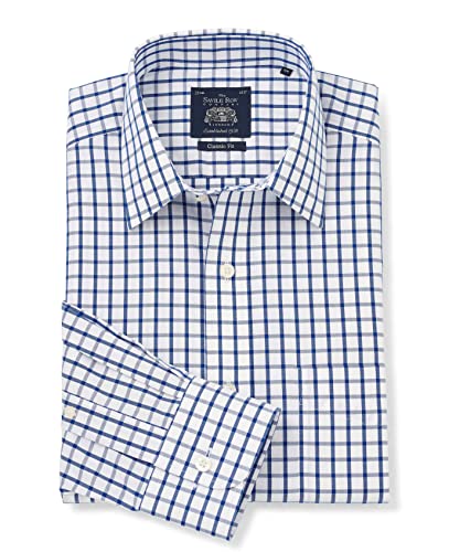 THE SAVILE ROW COMPANY LONDON Men's Classic Fit Pinpoint Non-Iron Formal Shirt - Single Cuff - White Blue Check - 18" Collar - Standard Sleeve