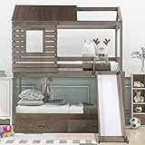 House Bunk Beds, Wood Bunk Beds with Roof and Guardrail for Kids, No Box Spring Needed (Antique Grey...