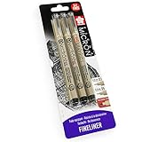 Dieses Set enthält drei Stifte, darunter 2 Micron Fineliner in den Größen: 0,3 (0,35 mm), 0,5 mm (0,45 mm) und einen Grafikstift (1,0 mm).
