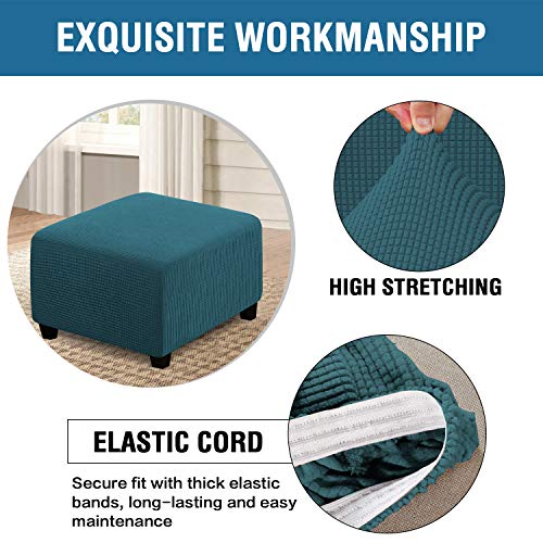 Image of H.VERSAILTEX Square Ottoman Covers Ottoman Slipcovers Folding Storage Stool Furniture Protector Form Fit with Elastic Bottom, Stretch High Spandex Small Checks Jacquard Fabric(Medium,Deep Teal)
