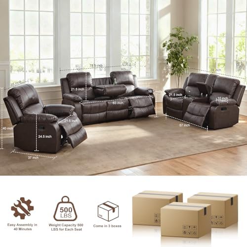 Living Room Furniture Sets, Leather Recliner Sofa, Sectional Sofa Set with Convertible Table & Cup Holders, 3 Pieces Furniture for Living Room/RV/Office (3 Pieces Set, Brown Leather) - Thumbnail 4