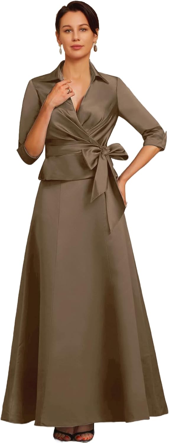 Satin Mother of The Bride Dresses 2 Piece A Line Wedding Guest Gowns V Neck 3/4 Sleeve Mother of The Groom Dress