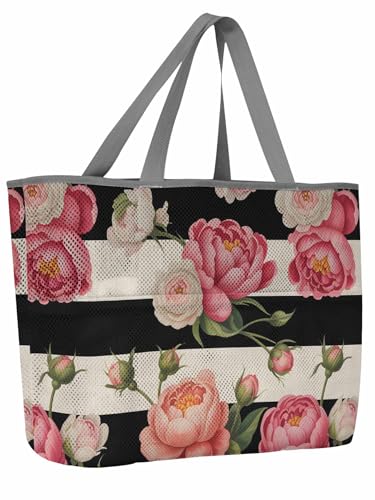 Mesh Beach Bag Oversized Tote Bags for Women Pink Flower Peony Rose Retro Linen Large Travel Pool Bags with 8 Pockets
