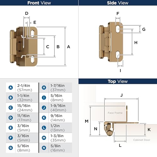 Image of Amerock 1 Pair 1 /2 inch Overlay Champagne Bronze Partial Wrap Cabinet Hinge | Self-Closing Steel Cabinet Hinge for Kitchen and Bathroom Cabinet Doors with a 1 /2 inch (13 mm) Overlay, Partial Wrap
