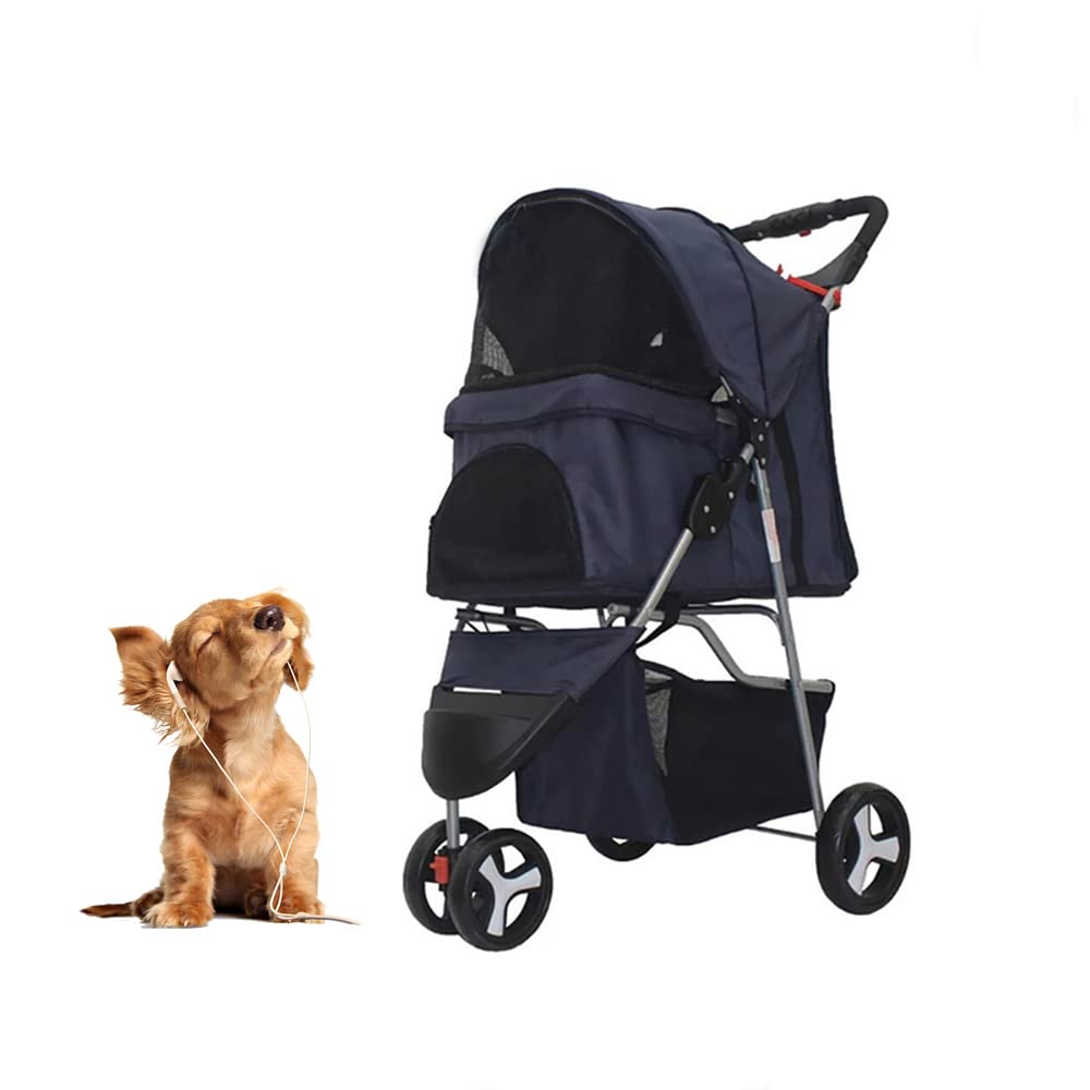 Foldable Pet Dog Stroller, 3 Wheels Pet Stroller with Weather Cover & Storage Basket Travel Folding Carrier for Dog and cat (Blue)