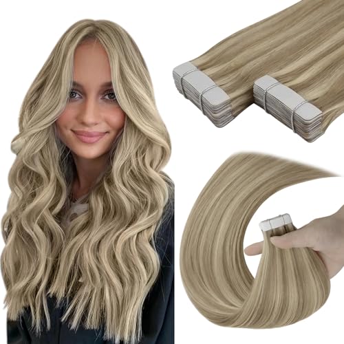 YoungSee Blonde Tape in Hair Extensions Human Hair Highlight Brown Human Hair Extensions Tape 20 Inch Blonde and Light Brown Extensions Tapes for Date Night 20pcs 50g