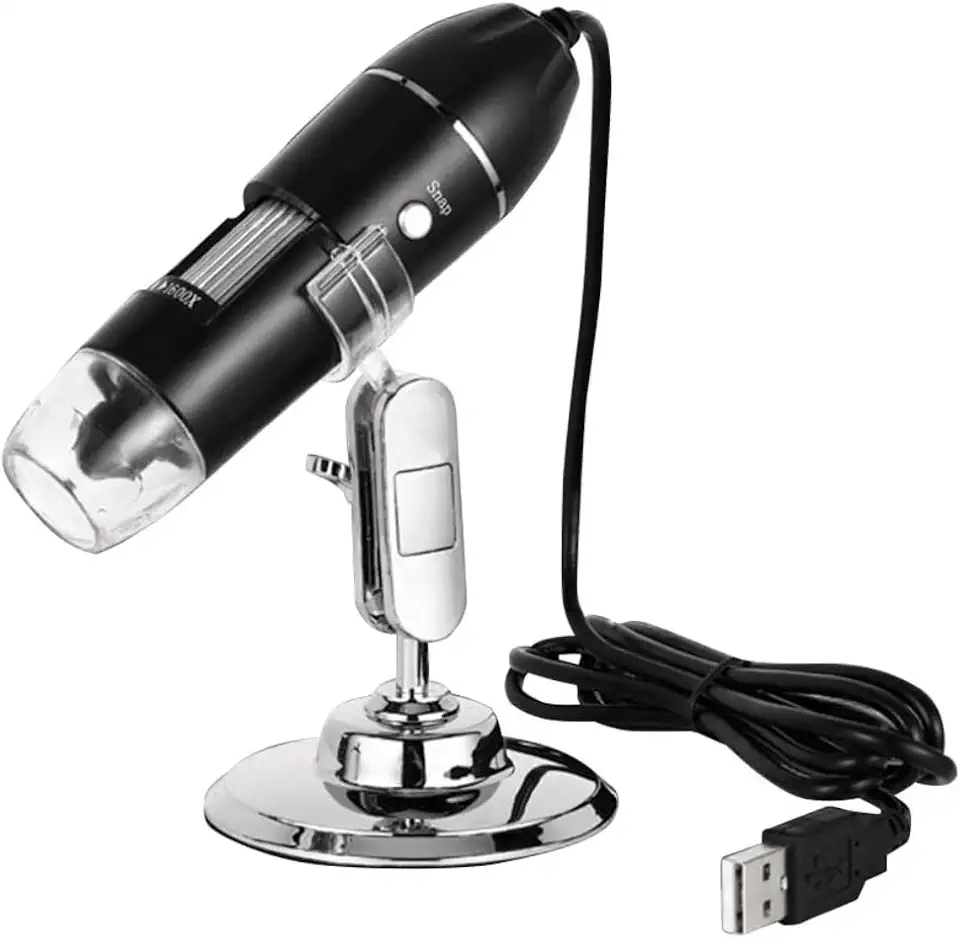 Microscópio Digital Portátil USB, Zoom Óptico 1600x, Alta Resolução HD, com Base de Metal, Iluminação LED, compatível com PC e Celular