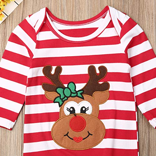 Pudcoco Baby Girls Christmas Ruffle Romper Long Sleeve Striped Reindeer Santa Clause Applique Jumpsuit (Red, 6-12M)