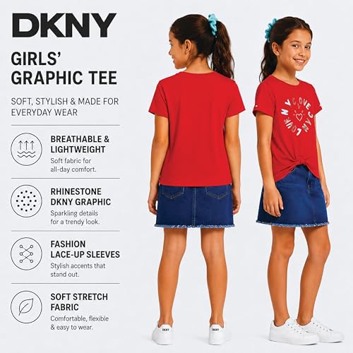 Image of DKNY Girls Shirts - Lightweight Cotton Blend Short Sleeve Crewneck Graphic Tee Cute Tops - Casual Trendy Girls Summer Clothes