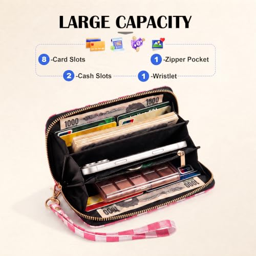 Image of Pink Checkered Wallet for Women, Zip Around Wristlet Wallet | Detachable Wrist Strap, Large Capacity for Phone, Cards, Cash & Travel