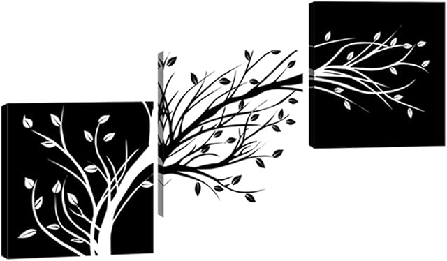Wieco Art - Leaves Modern 3 Panels Flowers Artwork Giclee Canvas Prints Black and White Abstract Floral Trees Pictures Paintings on Canvas Wall Art for Living Room Bedroom Home Decorations