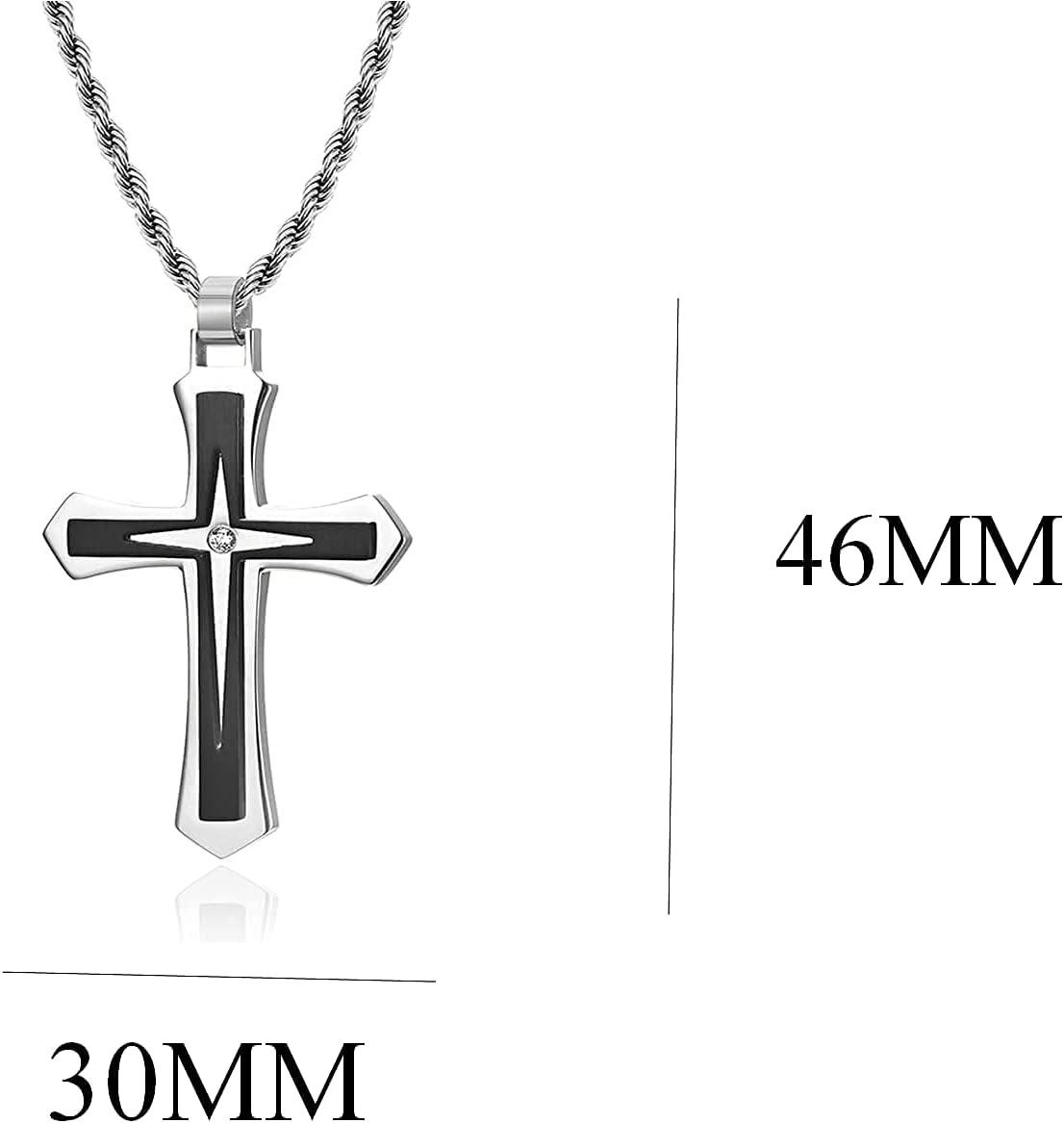 JO WISDOM Cross Necklace 316L Stainless Steel Titanium Steel Cross Crucifix Pendant Cross Black and Silver Religious Jewelry for Men and Women with Pearl Chain - Image 4