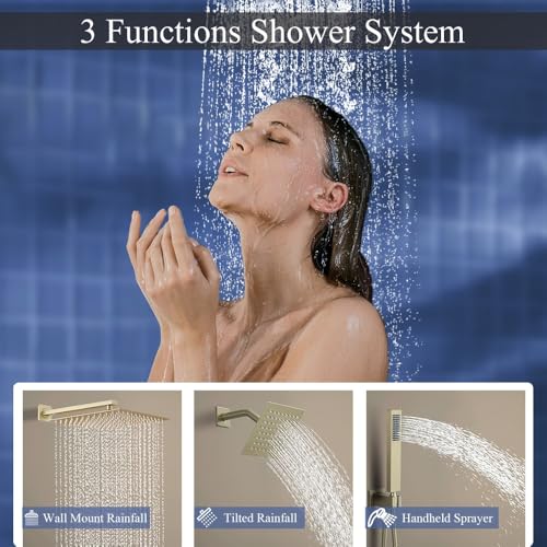 Set de Grifo de Ducha sistema con acabado dorado cepillado, con manija de desvío y rociador de mano de alta presión, instalación en pared con cabezal de ducha de 10 pulgadas y cabezal adicional de 6 pulgadas miniatura 3