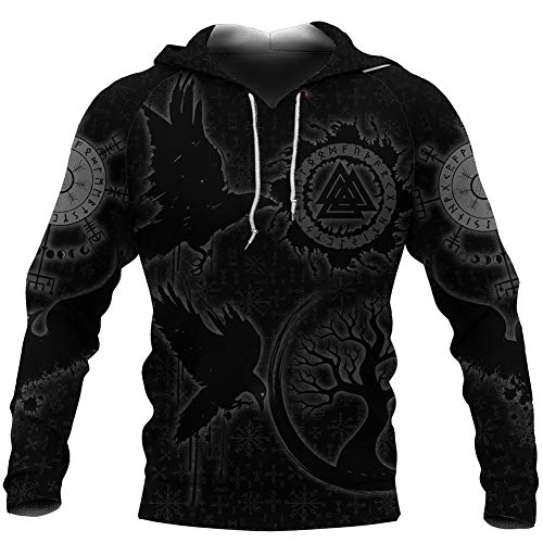 Sweat viking noir à capuche taille M avec impression 3D résistante aux lavages