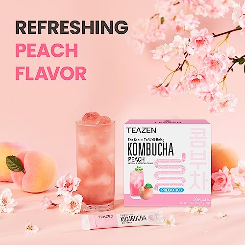 Teazen Kombucha Tea, Zero Sugar, Sparkling Fermented Powdered Mix Beverage From Korea, Live Probiotics & Prebiotics, 30 Sticks, 5.29Oz (Peach) #TOP1