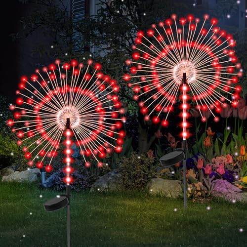 2 Pack 250LED Solar Garden Lights Outdoor Dual Lighting Modes Firework Lights Solar Powered Waterproof Twinkle Fairy Light Outside for Yard Patio Pathway Christmas Party Decorative(Red)