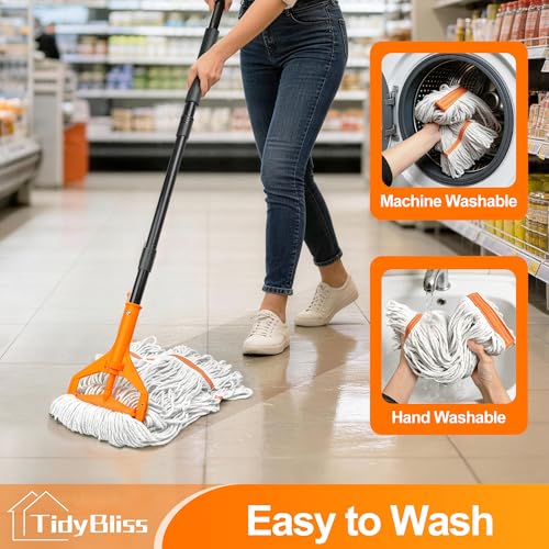 Image of TidyBliss Commercial Mop Heavy Duty, 55 inches Long Handle Large Looped-End Industrial String Floor Cleaner, Professional Dry Wet Cotton Cleaning Tool for Concrete Tile Hardwood Office Garage (Orange)