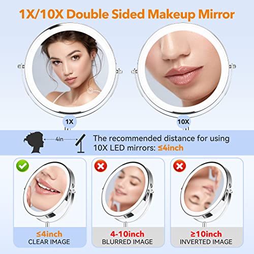 Desktop Magnifying Makeup Mirror With Lights, 8 Inch Rechargeable Double Sided 1X/10X Vanity Mirror With 3 Colors Light, 360° Smart Touch Lighted Makeup Mirror With Adjustable Brightness (Chrome) #TOP1