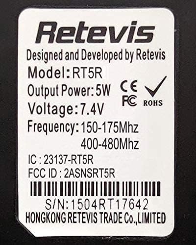 Product label for Retevis RT5R showing model, output power, voltage, frequency range, IC, and FCC ID.