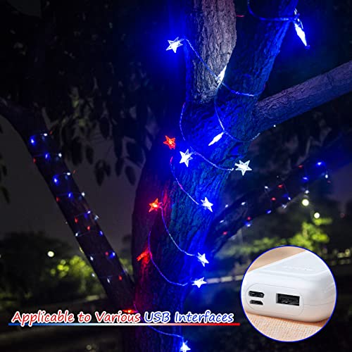 Lyubasa 133 Led 66 Ft Star String Lights, July 4Th Decorations Plug In Patriotic Fairy String Light Waterproof Usb Powered, Suitable For Indoor Outdoor Independence Day Party Garden,Red & Blue & White #TOP5