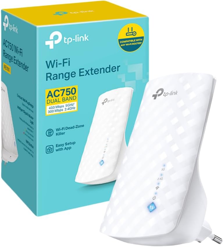 TP-Link AC750 WiFi Extender, Three Internal Antennas, Super High Speed Dual Band up to 750Mbps, Signal Display, Plug & Play, RJ45 Connector, White, for Optimal Wi-Fi Range