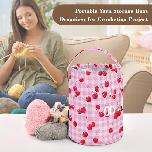 Image of ElliTarr Crochet Bag Yarn Bag with Handle Portable Knitting Project Bag Travel Yarn Storage Organizer Holder Case Pink Juicy Checkered Cherry