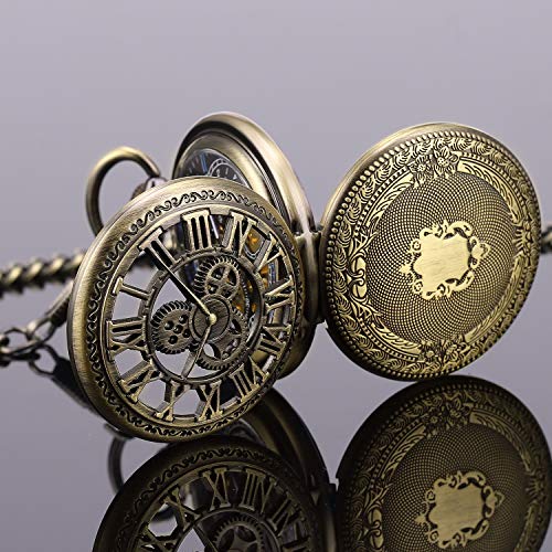 Pocket-Watch-Skeleton-Mechanical-Double-Case-Hand-Wind-SIBOSUN-Bronze-Roman-Numerals-Antique-Chain-Box