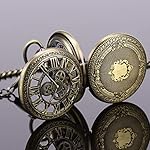 SIBOSUN Pocket Watch Skeleton Mechanical Double Case Hand-Wind Roman Numerals Antique Chain Mens - Image 4