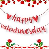 Glitter Happy Valentines Day Banner, Pre-Assemble Valentines Day Banners, Red Valentine's Day Sign with Heart for Valentine Home, Office, Fireplace, Wall and Party Decorations