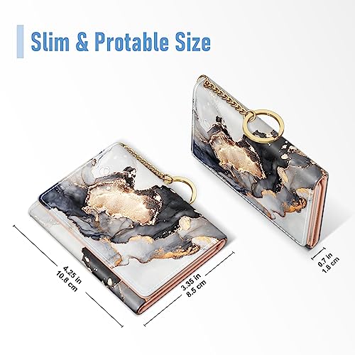 Image of Rouidr Womens Wallet, Small Slim RFID Card Wallets for Women, Cute Front Pocket Trifold Leather Card Organizer with 7 Slots & ID Window, Black Gray Gold Marble