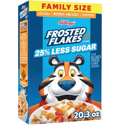 Kellogg's Frosted Flakes 25% Less Sugar Breakfast Cereal, Family Size,