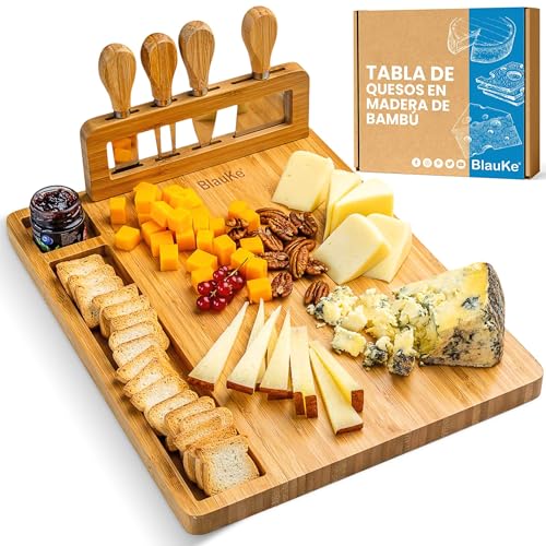 Tabla de Quesos con Utensilios – Tabla de Madera de Bambú para Cortar Queso – Bandeja de Madera para Queso Desayuno Aperitivo – Tabla de Cortar Cocina Madera – Bandejas para Servir Comida– Idea Regalo
