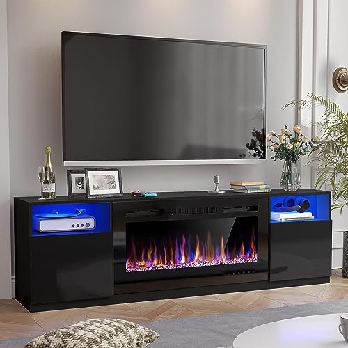 AHB Fireplace TV Stand, LED Light Entertainment Center with 36 Electric Fireplace and Storage Cabinet, Media Console Table for TVs Up to 80 Inches, Ideal for Living Room, 70 Inches (Black)
