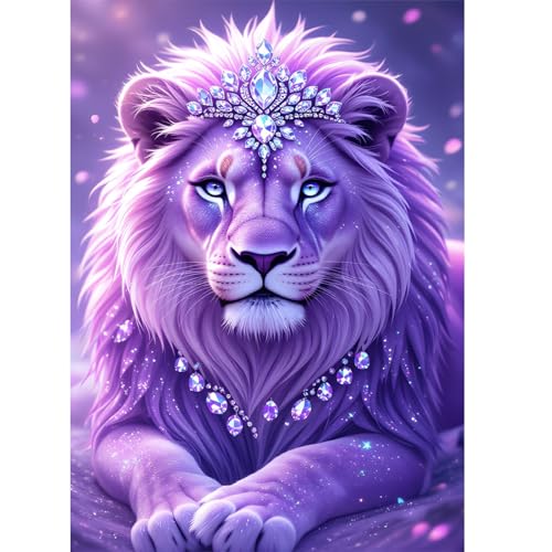 Image of AiYuanzsh 5D Diamond Art Kits for Adults, Fantasy Purple Lion Diamond Painting Kits for Beginners, DIY Full Drill Round Rhinestone Gem Art Crafts Paintings for Home Wall Decor 12 x 16 inch