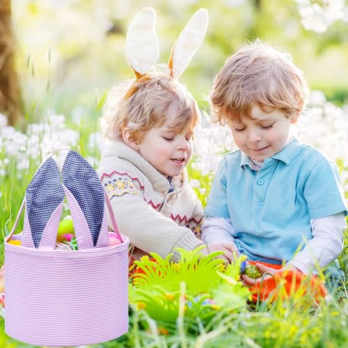 Image of Easter Basket Seersucker Egg Hunt Bunny Baskets for Kids with Cute Rabbit Ears Stripe Storage Gifts Candies Personalized Easter Party Gifts