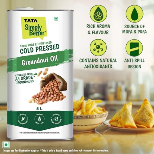 Image of Tata Simply Better Pure and Unrefined Cold Pressed Groundnut (Peanut) Oil, Kolhu /Kacchi Ghani /Mara Chekku /Ganuga, Naturally Cholesterol Free, 5L, With Rich Aroma & Flavour of Real A1 Grade Groundnuts