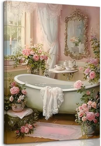 Amazon.com: Pink Flowers Bathroom Canvas Wall Art Floral Botanical ...