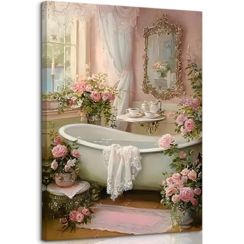 Pink Flowers Bathroom Canvas Wall Art Floral Botanical Painting Picture