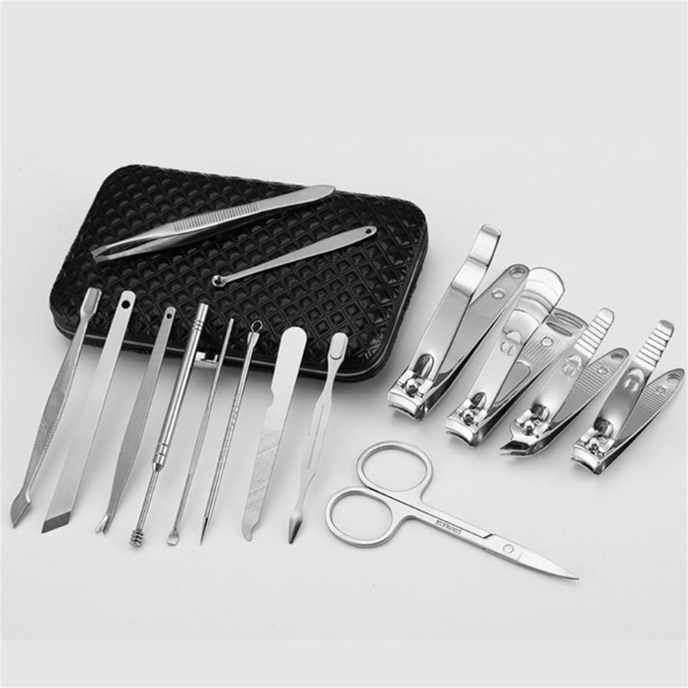 Set de manicura con cortaúñas, 15 Piezas, Kit de pedicura de Acero Inoxidable con Estuche Negro para Mujeres y Hombres.