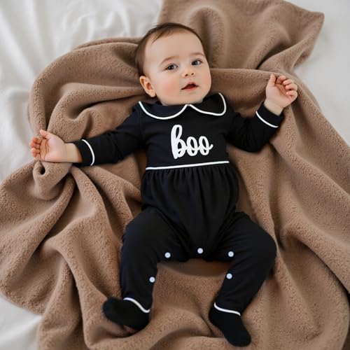 Baby Boy Girl Halloween Romper Letter/Pumpkin Peter Pan Collar Long Sleeve Footie Jumpsuit Newborn Fall Winter Clothes2