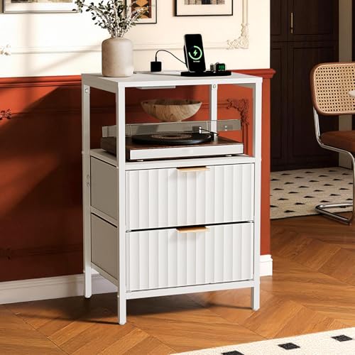 Image of Bonnlo Fluted Nightstand, Fabric Dresser with 2 Drawers and 1 Shelf, Bedside Table /End Table with Charging Station, Nightstand for Bedroom, Livingroom, College Dorm, White