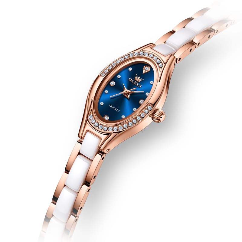 Image of OLEVS Women's Quartz Watches - Elegant Oval Diamond Dress Watch with Ceramic Band, 30M Waterproof Ladies Wrist Watch for Dress & Casual Wear (Rose Gold Blue /Red /Purple /White)