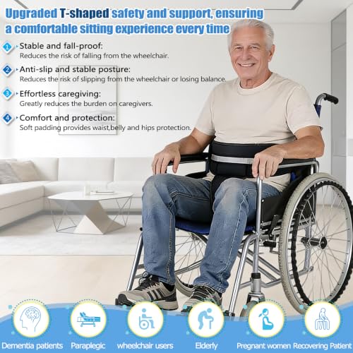 Image of Wheelchair Seatbelt,Wheelchair Harness for Adults,T-Shape Chair Waist Lap Strap with Easy Release Buckles,Suitable for Dementia Patients,Adults,The Elderly,Pregnant,Paralyzed(Black)