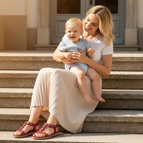 Image of HARENCE Summer Flat Sandals for Women: Comfortable Bohemian Beaded Flats Shoes Elastic Ankle Strap Casual Walking Slip On Dress Sandal