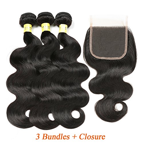 Mureen Brazilian Hair 3 Bundles with Closure Body Wave 4×4 Virgin Hair Lace Closure with Bundles Unprocessed Human Hair Extensions Weave Weft With Closure Natural Color (18 20 22 + 16, Free Part)