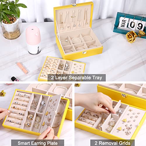 Voova Jewelry Box Organizer For Women Girls, 2 Layer Large Men Jewelry Storage Case, Pu Leather Display Jewellery Holder With Removable Tray For Necklace Earrings Rings Bracelets, Vintage Gift, Yellow #TOP2